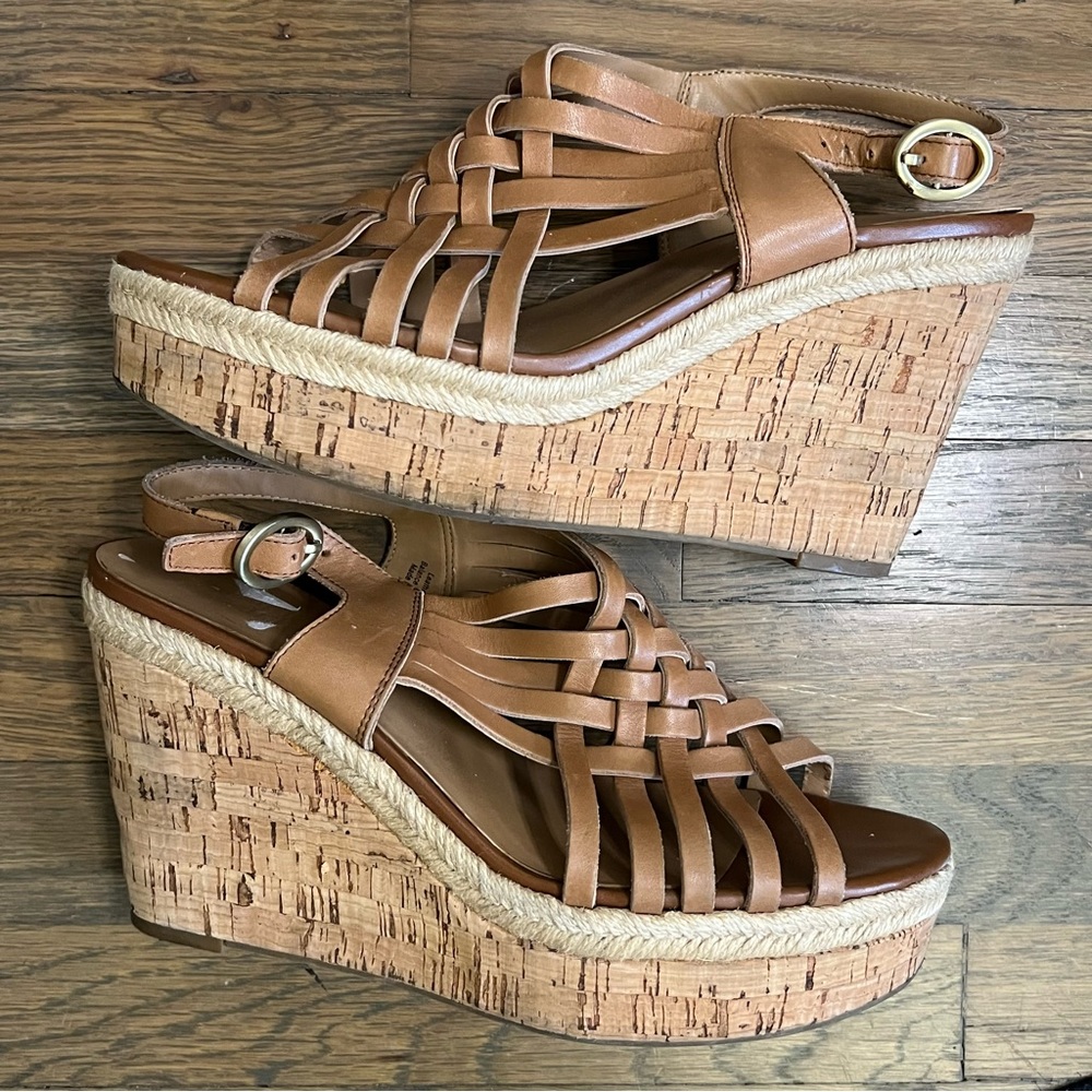 Franco Sarto Tammie tan leather strappy wedge sandals - Size 9.5 - Picture 2 of 6